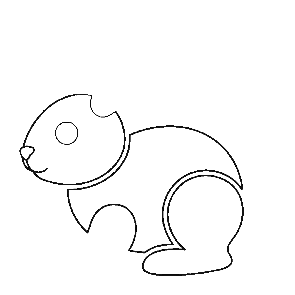Passo 3 di 6: Passo 3 di 6: Scheda di disegno passo passo: un coniglio seduto di profilo, con un occhio rotondo e la pupilla piena, due orecchie lunghe e distinte, la testa arrotondata, il corpo tondeggiante, una zampa anteriore, una zampa posteriore ripiegata e una coda tonda e soffice, contorni neri su bianco.