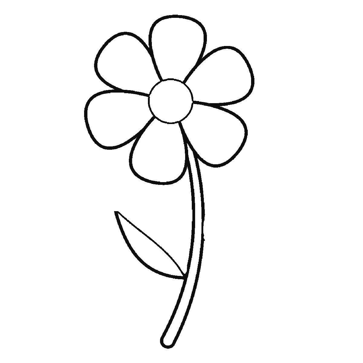 Passo 4 di 6: Passo 4 di 6: Scheda di disegno passo passo: un fiore visto di fronte, con un piccolo centro rotondo, sei petali arrotondati distinti, uno stelo dal tratto doppio e due foglie a altezze diverse lungo lo stelo, ciascuna con una nervatura centrale, contorni neri su bianco.