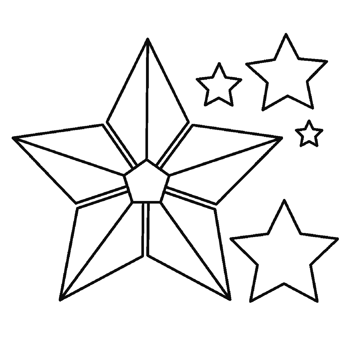 Passo 6 di 6: Passo 6 di 6: Scheda di disegno passo passo: una grande stella a cinque punte con la superficie divisa in cinque pannelli triangolari attorno a un piccolo pentagono centrale, accompagnata da quattro stelle più piccole di dimensioni diverse, contorni neri su bianco.