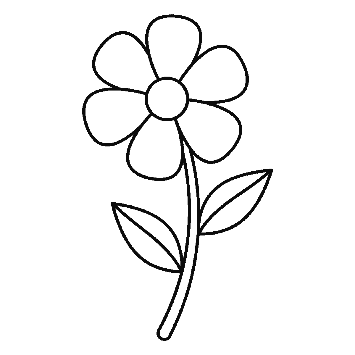 Passo 6 di 6: Passo 6 di 6: Scheda di disegno passo passo: un fiore visto di fronte, con un piccolo centro rotondo, sei petali arrotondati distinti, uno stelo dal tratto doppio e due foglie a altezze diverse lungo lo stelo, ciascuna con una nervatura centrale, contorni neri su bianco.