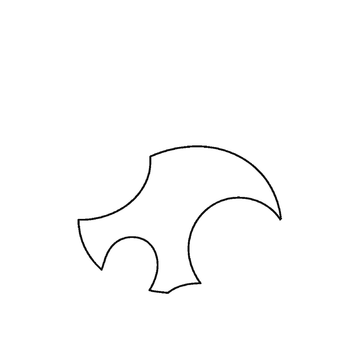 Passo 1 di 6: Passo 1 di 6: Scheda di disegno passo passo: un coniglio seduto di profilo, con un occhio rotondo e la pupilla piena, due orecchie lunghe e distinte, la testa arrotondata, il corpo tondeggiante, una zampa anteriore, una zampa posteriore ripiegata e una coda tonda e soffice, contorni neri su bianco.