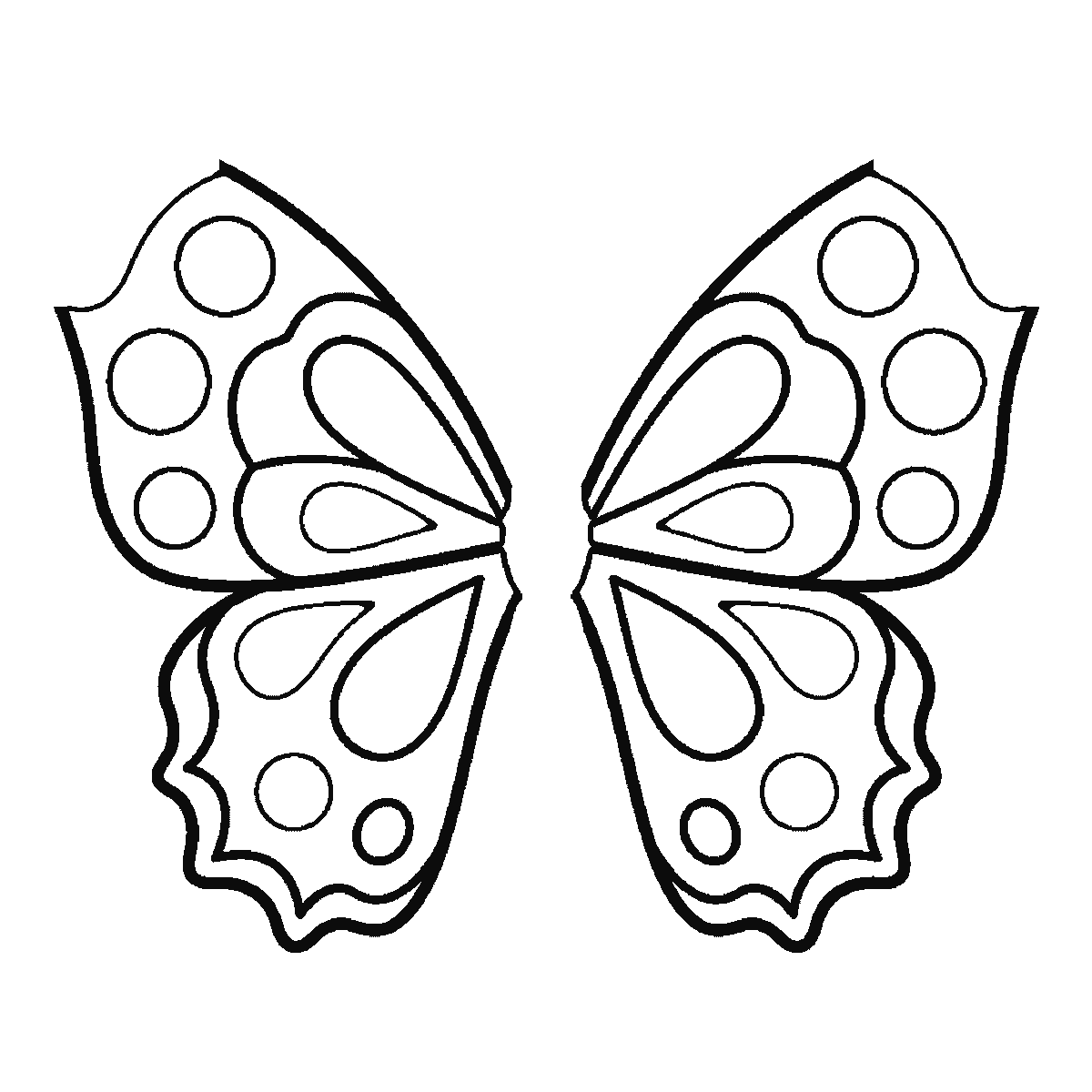 Passo 4 di 6: Passo 4 di 6: Scheda di disegno passo passo: una farfalla vista dall'alto con le ali simmetriche completamente aperte, decorate con cerchi e forme semplici, una testa a piccolo pallino tondo priva di occhi o bocca, e due antenne, contorni neri su bianco.