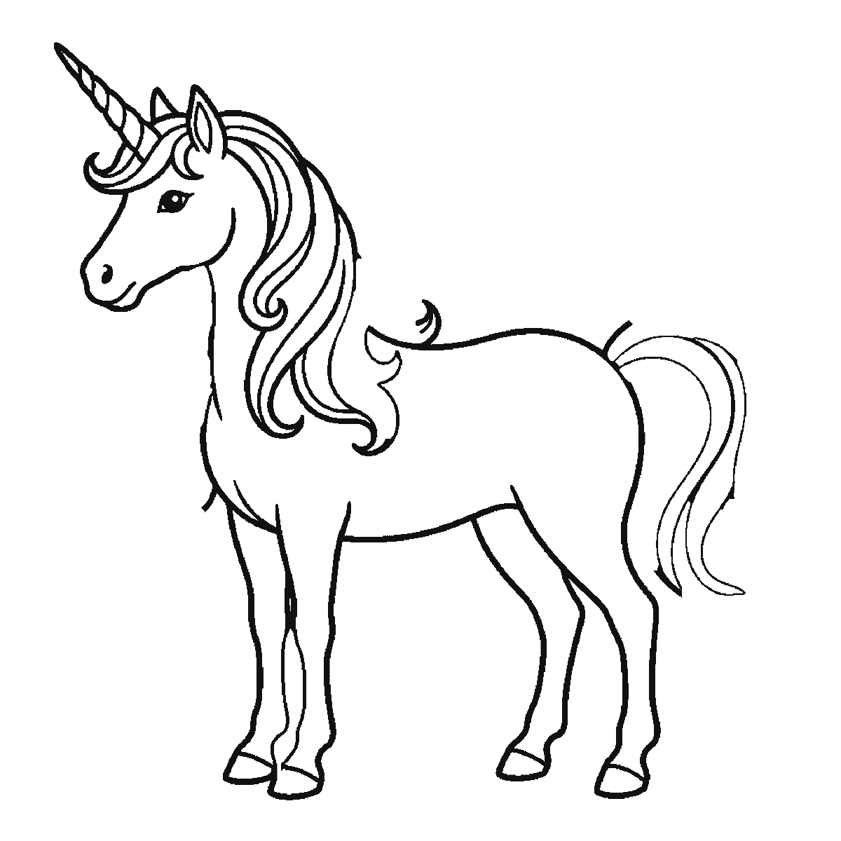 Passo 4 di 6: Passo 4 di 6: Scheda di disegno passo passo: un unicorno in piedi di profilo, con un occhio rotondo e la pupilla piena, un singolo corno a spirale, una criniera fluente e una coda fluente, contorni neri su bianco.