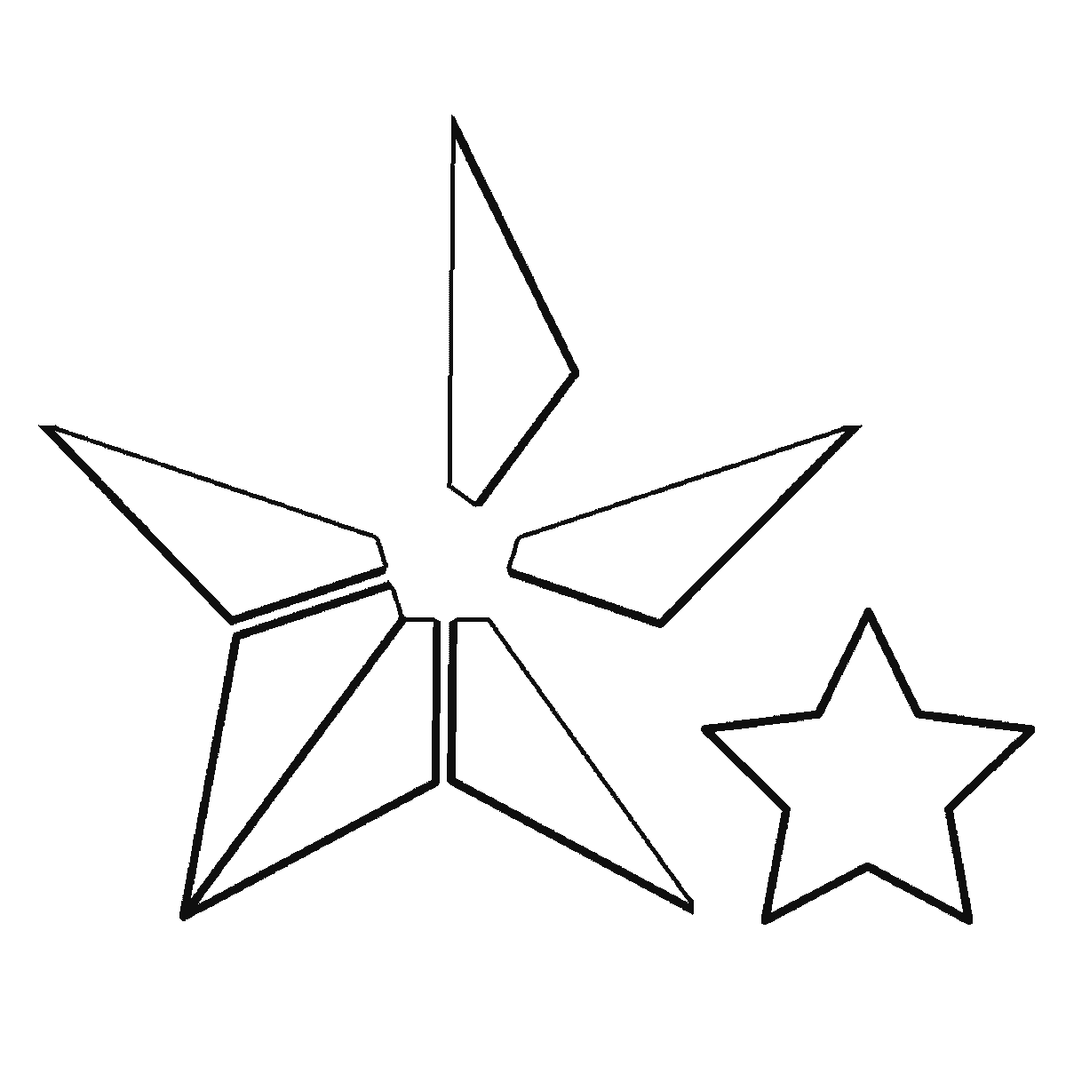Passo 3 di 6: Passo 3 di 6: Scheda di disegno passo passo: una grande stella a cinque punte con la superficie divisa in cinque pannelli triangolari attorno a un piccolo pentagono centrale, accompagnata da quattro stelle più piccole di dimensioni diverse, contorni neri su bianco.