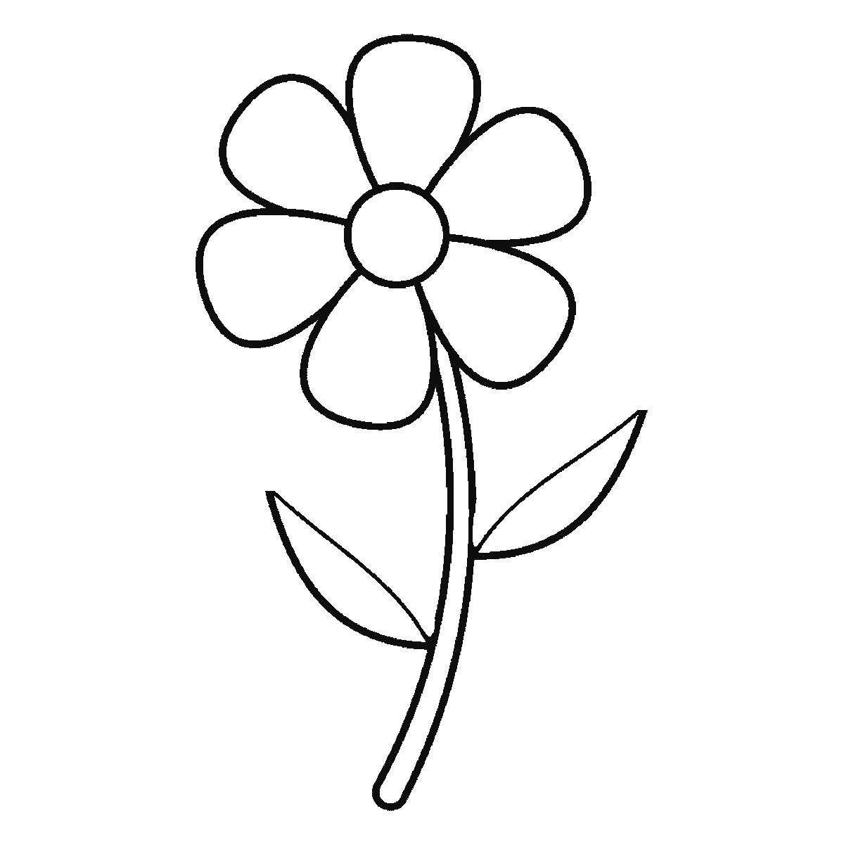 Passo 5 di 6: Passo 5 di 6: Scheda di disegno passo passo: un fiore visto di fronte, con un piccolo centro rotondo, sei petali arrotondati distinti, uno stelo dal tratto doppio e due foglie a altezze diverse lungo lo stelo, ciascuna con una nervatura centrale, contorni neri su bianco.