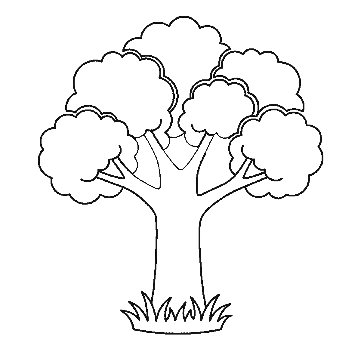 Passo 5 di 6: Passo 5 di 6: Scheda di disegno passo passo: un albero dalla chioma folta, con un tronco spesso che si dirama verso l'alto, cinque ciuffi di fogliame arrotondati, un ciuffo d'erba alla base e tre foglie cadute accanto ad esso, contorni neri su bianco.