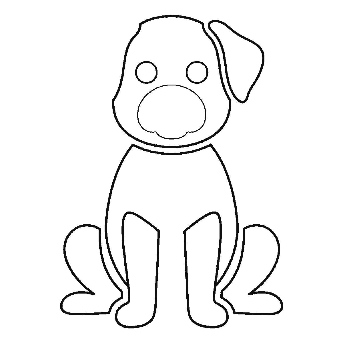 Passo 4 di 6: Passo 4 di 6: Scheda di disegno passo passo: un cane seduto, visto di fronte, con due occhi rotondi e le pupille piene, il muso arrotondato, due orecchie distinte, un corpo ovale, quattro zampe separate e una piccola coda arricciata, contorni neri su bianco.