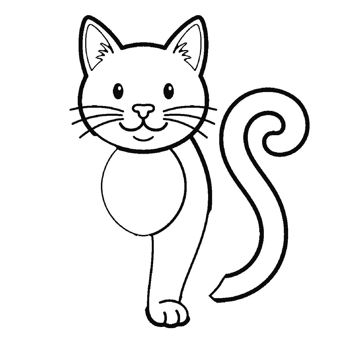 Passo 4 di 6: Passo 4 di 6: Scheda di disegno passo passo: un gatto seduto, visto di fronte, con due occhi rotondi e le pupille piene, i baffi, un sorriso e una lunga coda arrotolata a spirale dietro di sé, contorni neri su bianco.