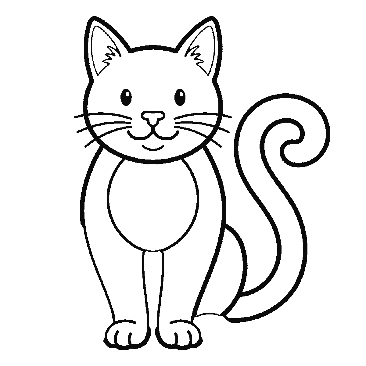 Passo 5 di 6: Passo 5 di 6: Scheda di disegno passo passo: un gatto seduto, visto di fronte, con due occhi rotondi e le pupille piene, i baffi, un sorriso e una lunga coda arrotolata a spirale dietro di sé, contorni neri su bianco.