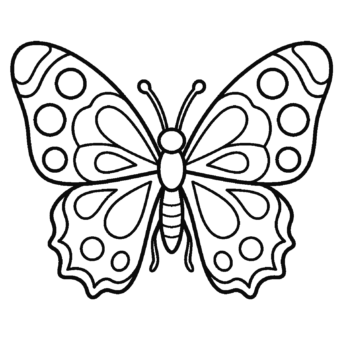 Passo 6 di 6: Passo 6 di 6: Scheda di disegno passo passo: una farfalla vista dall'alto con le ali simmetriche completamente aperte, decorate con cerchi e forme semplici, una testa a piccolo pallino tondo priva di occhi o bocca, e due antenne, contorni neri su bianco.