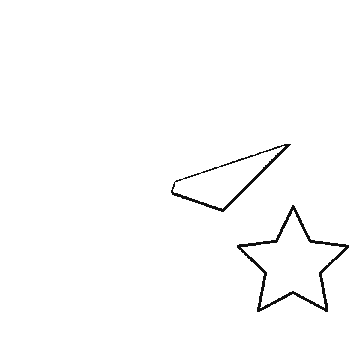 Passo 1 di 6: Passo 1 di 6: Scheda di disegno passo passo: una grande stella a cinque punte con la superficie divisa in cinque pannelli triangolari attorno a un piccolo pentagono centrale, accompagnata da quattro stelle più piccole di dimensioni diverse, contorni neri su bianco.