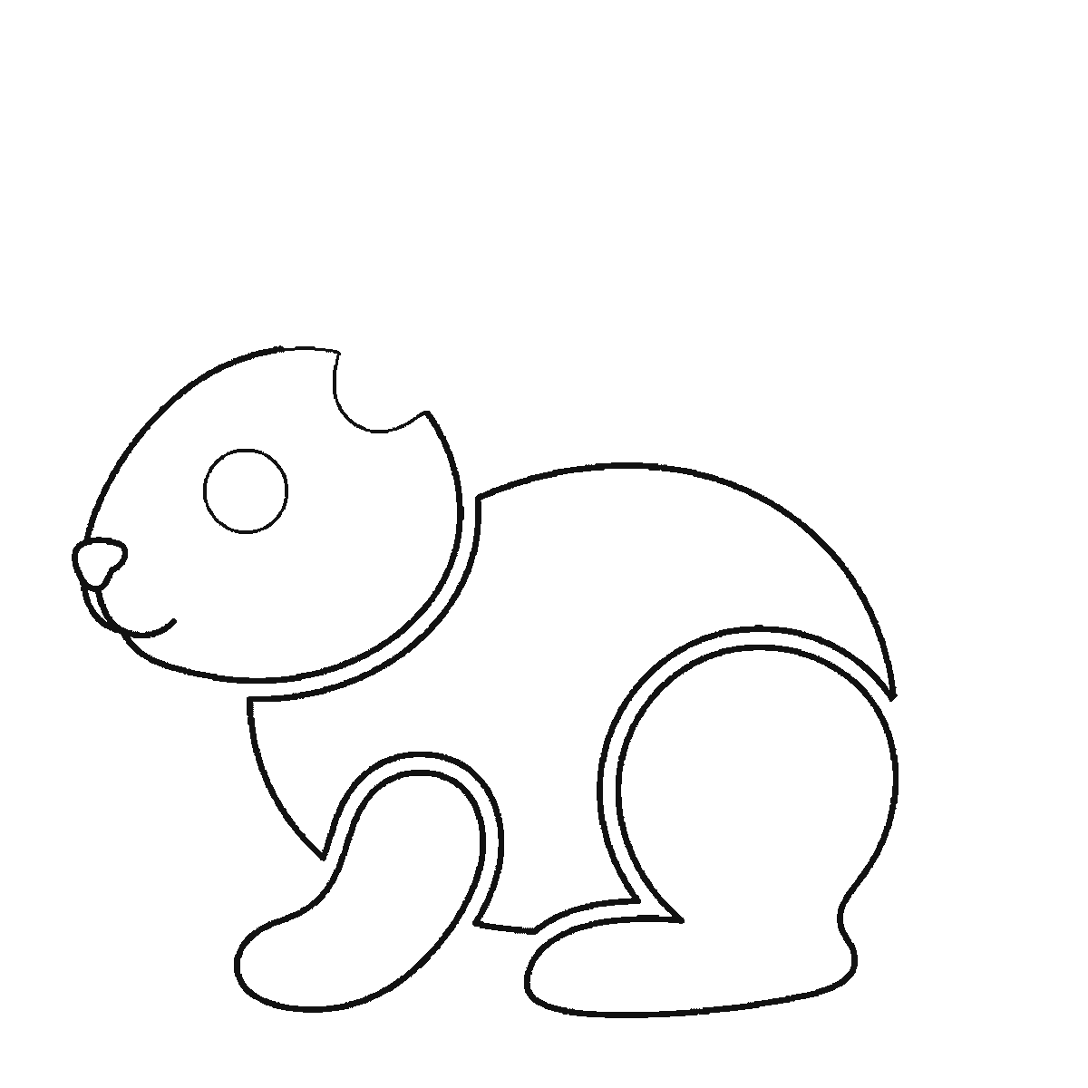 Passo 4 di 6: Passo 4 di 6: Scheda di disegno passo passo: un coniglio seduto di profilo, con un occhio rotondo e la pupilla piena, due orecchie lunghe e distinte, la testa arrotondata, il corpo tondeggiante, una zampa anteriore, una zampa posteriore ripiegata e una coda tonda e soffice, contorni neri su bianco.