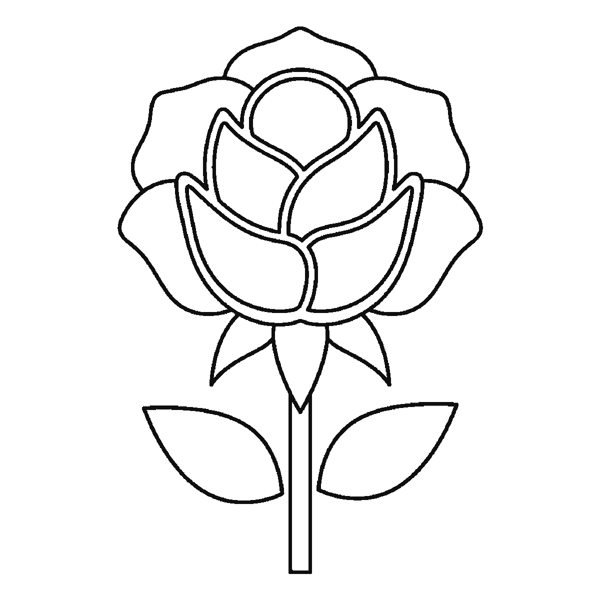 Passo 6 di 6: Passo 6 di 6: Scheda di disegno passo passo: una rosa sbocciata su uno stelo dritto, con un piccolo bocciolo centrale rotondo, i petali disposti a strati intorno ad esso, un calice sotto il fiore e due foglie appuntite alla base dello stelo, contorni neri su bianco.