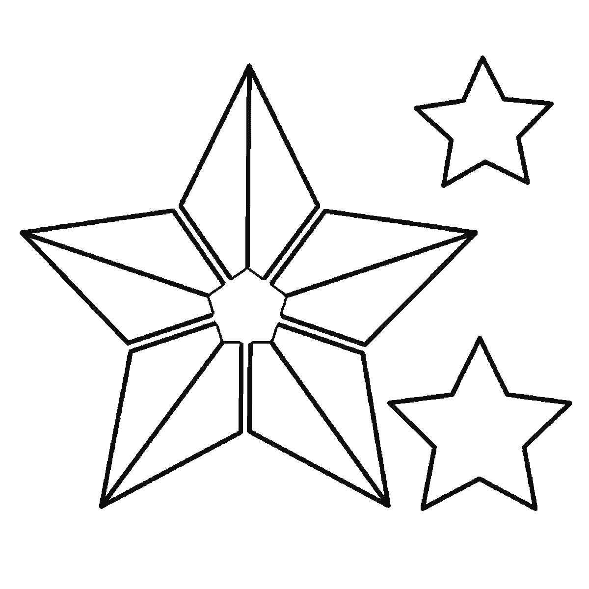 Passo 5 di 6: Passo 5 di 6: Scheda di disegno passo passo: una grande stella a cinque punte con la superficie divisa in cinque pannelli triangolari attorno a un piccolo pentagono centrale, accompagnata da quattro stelle più piccole di dimensioni diverse, contorni neri su bianco.