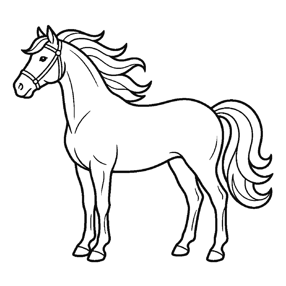 Passo 6 di 6: Passo 6 di 6: Scheda di disegno passo passo: un cavallo in piedi visto di profilo, con un occhio rotondo e la pupilla piena, una briglia intorno al muso, una criniera fluente e una coda fluente, contorni neri su bianco.