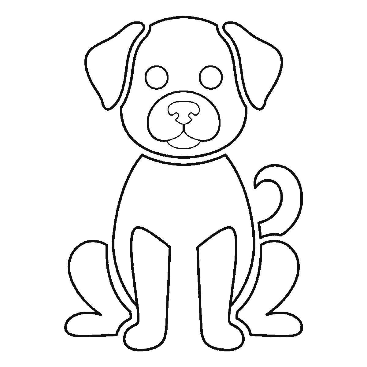Passo 5 di 6: Passo 5 di 6: Scheda di disegno passo passo: un cane seduto, visto di fronte, con due occhi rotondi e le pupille piene, il muso arrotondato, due orecchie distinte, un corpo ovale, quattro zampe separate e una piccola coda arricciata, contorni neri su bianco.