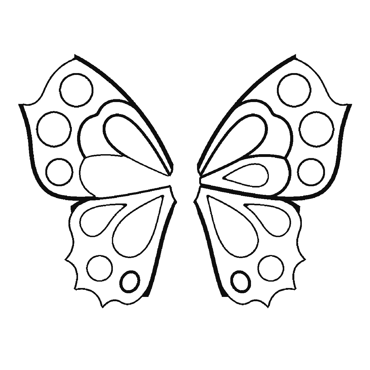 Passo 3 di 6: Passo 3 di 6: Scheda di disegno passo passo: una farfalla vista dall'alto con le ali simmetriche completamente aperte, decorate con cerchi e forme semplici, una testa a piccolo pallino tondo priva di occhi o bocca, e due antenne, contorni neri su bianco.