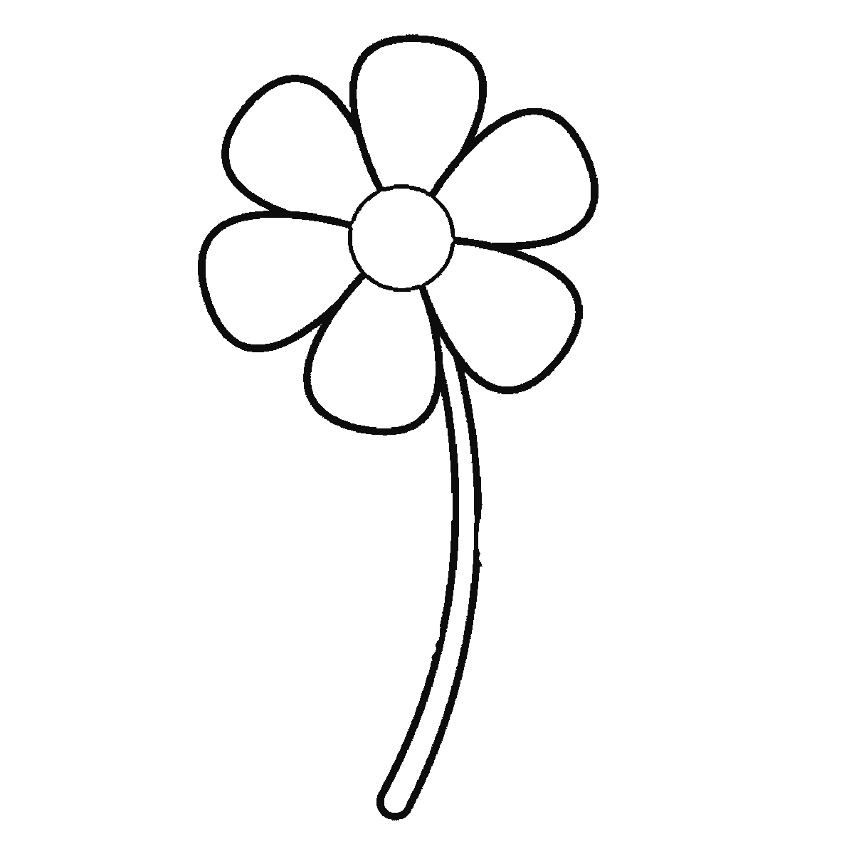 Passo 3 di 6: Passo 3 di 6: Scheda di disegno passo passo: un fiore visto di fronte, con un piccolo centro rotondo, sei petali arrotondati distinti, uno stelo dal tratto doppio e due foglie a altezze diverse lungo lo stelo, ciascuna con una nervatura centrale, contorni neri su bianco.