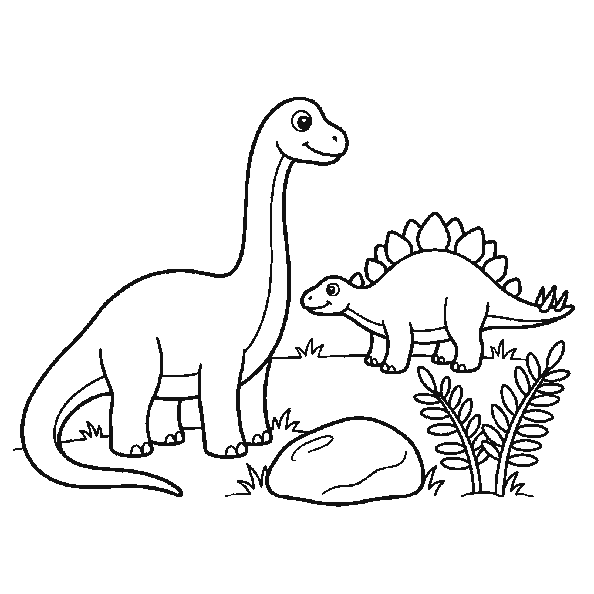 Passo 6 di 6: Passo 6 di 6: Scheda di disegno passo passo: un dinosauro dal collo lungo, in piedi di profilo con un occhio rotondo, la pupilla piena e un'espressione sorridente, accanto a un dinosauro più piccolo con la schiena a piastre, anch'esso di profilo con un occhio rotondo, insieme a una roccia arrotondata e due piante di felce, contorni neri su bianco.