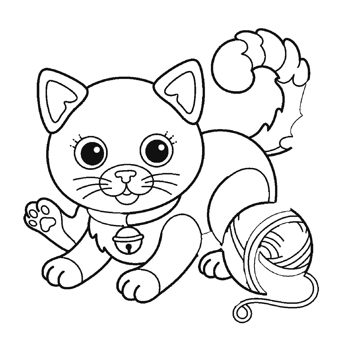Passo 5 di 6: Passo 5 di 6: Scheda di disegno passo passo: un gattino visto di fronte, accovacciato accanto a un gomitolo di lana, con due grandi occhi rotondi e le pupille piene, due orecchie triangolari, un piccolo naso triangolare, il corpo arrotondato, una zampa anteriore sollevata, una zampa posteriore alzata, una coda spessa e arricciata e un collarino con un campanellino tondo, contorni neri su bianco.