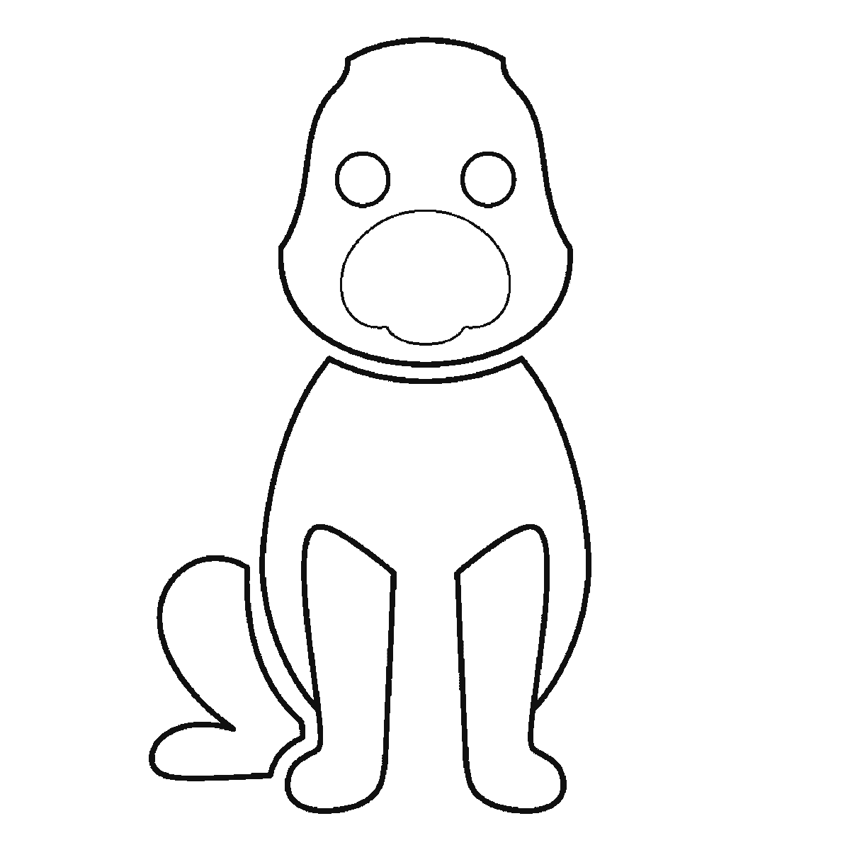 Passo 3 di 6: Passo 3 di 6: Scheda di disegno passo passo: un cane seduto, visto di fronte, con due occhi rotondi e le pupille piene, il muso arrotondato, due orecchie distinte, un corpo ovale, quattro zampe separate e una piccola coda arricciata, contorni neri su bianco.