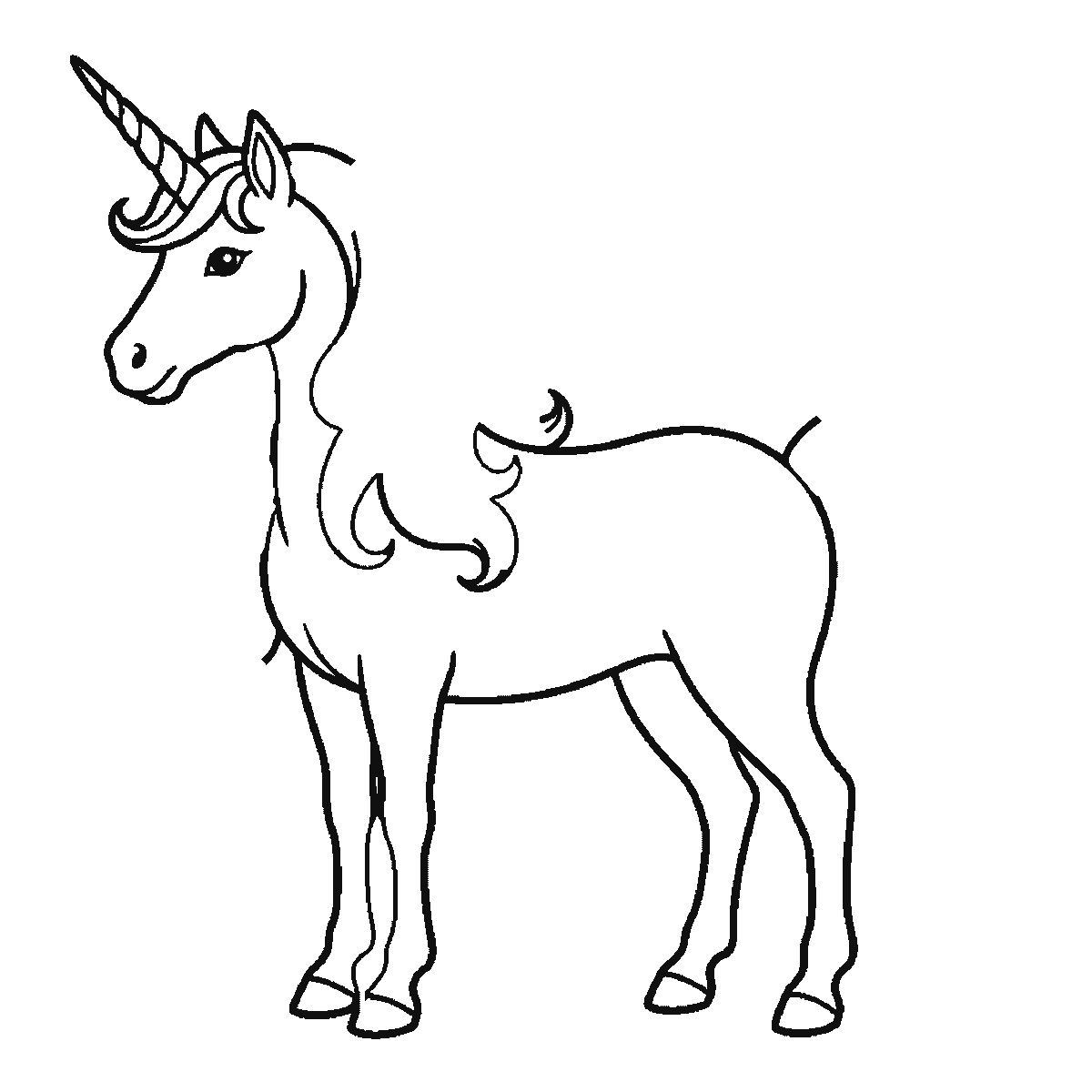 Passo 3 di 6: Passo 3 di 6: Scheda di disegno passo passo: un unicorno in piedi di profilo, con un occhio rotondo e la pupilla piena, un singolo corno a spirale, una criniera fluente e una coda fluente, contorni neri su bianco.