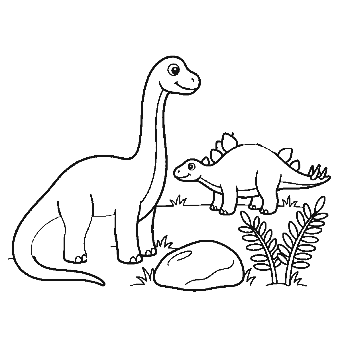 Passo 5 di 6: Passo 5 di 6: Scheda di disegno passo passo: un dinosauro dal collo lungo, in piedi di profilo con un occhio rotondo, la pupilla piena e un'espressione sorridente, accanto a un dinosauro più piccolo con la schiena a piastre, anch'esso di profilo con un occhio rotondo, insieme a una roccia arrotondata e due piante di felce, contorni neri su bianco.