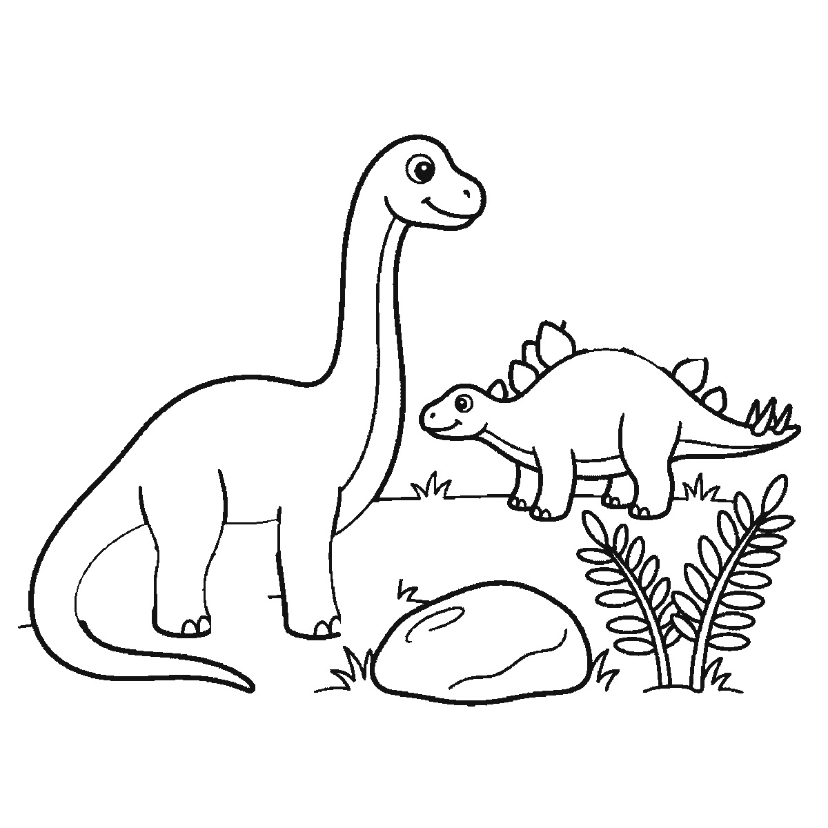 Passo 4 di 6: Passo 4 di 6: Scheda di disegno passo passo: un dinosauro dal collo lungo, in piedi di profilo con un occhio rotondo, la pupilla piena e un'espressione sorridente, accanto a un dinosauro più piccolo con la schiena a piastre, anch'esso di profilo con un occhio rotondo, insieme a una roccia arrotondata e due piante di felce, contorni neri su bianco.