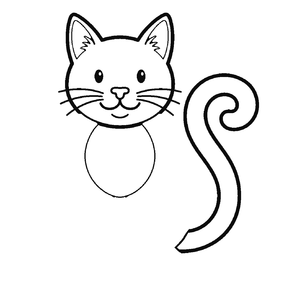 Passo 3 di 6: Passo 3 di 6: Scheda di disegno passo passo: un gatto seduto, visto di fronte, con due occhi rotondi e le pupille piene, i baffi, un sorriso e una lunga coda arrotolata a spirale dietro di sé, contorni neri su bianco.