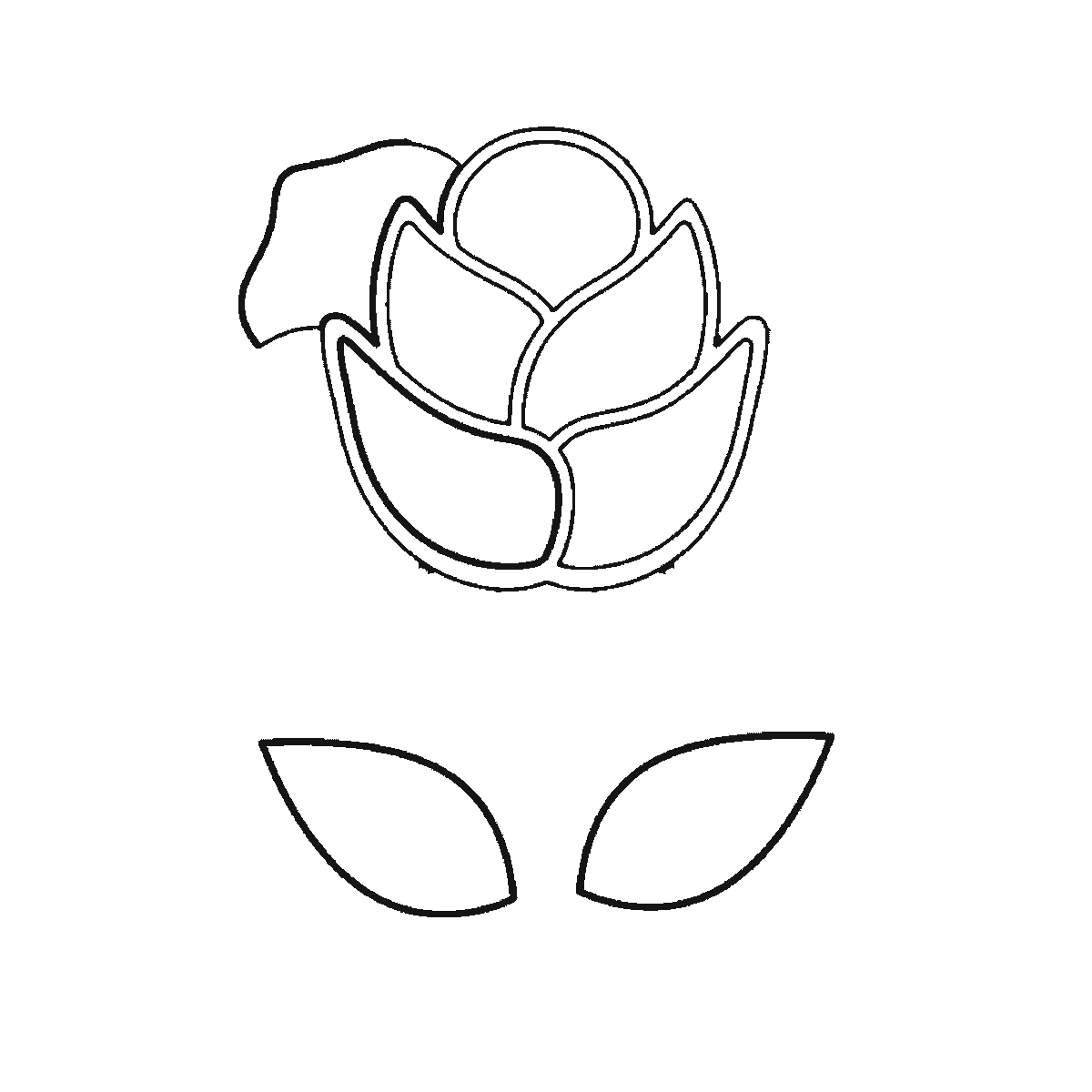 Passo 3 di 6: Passo 3 di 6: Scheda di disegno passo passo: una rosa sbocciata su uno stelo dritto, con un piccolo bocciolo centrale rotondo, i petali disposti a strati intorno ad esso, un calice sotto il fiore e due foglie appuntite alla base dello stelo, contorni neri su bianco.