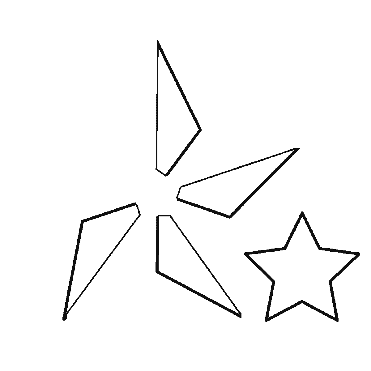 Passo 2 di 6: Passo 2 di 6: Scheda di disegno passo passo: una grande stella a cinque punte con la superficie divisa in cinque pannelli triangolari attorno a un piccolo pentagono centrale, accompagnata da quattro stelle più piccole di dimensioni diverse, contorni neri su bianco.
