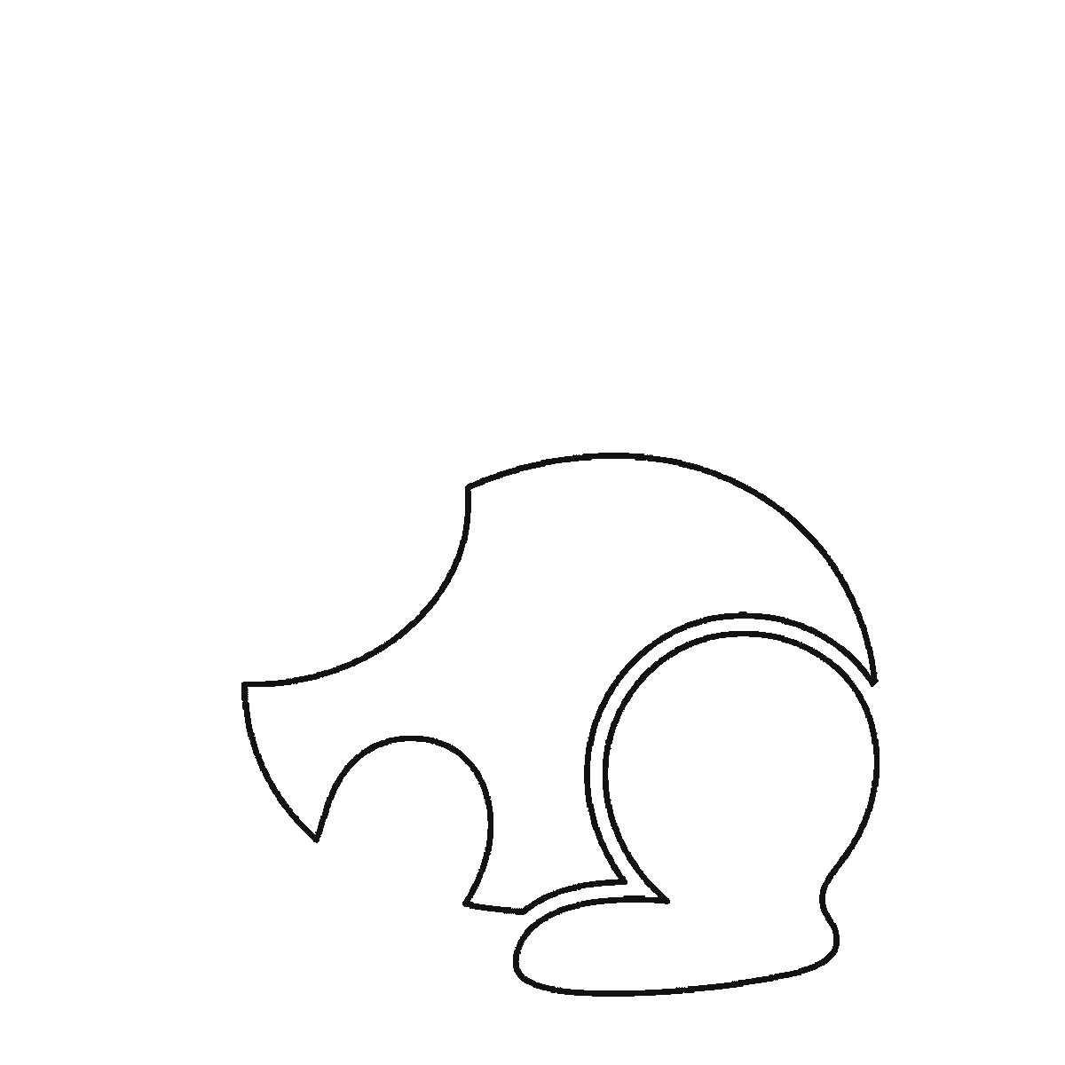 Passo 2 di 6: Passo 2 di 6: Scheda di disegno passo passo: un coniglio seduto di profilo, con un occhio rotondo e la pupilla piena, due orecchie lunghe e distinte, la testa arrotondata, il corpo tondeggiante, una zampa anteriore, una zampa posteriore ripiegata e una coda tonda e soffice, contorni neri su bianco.