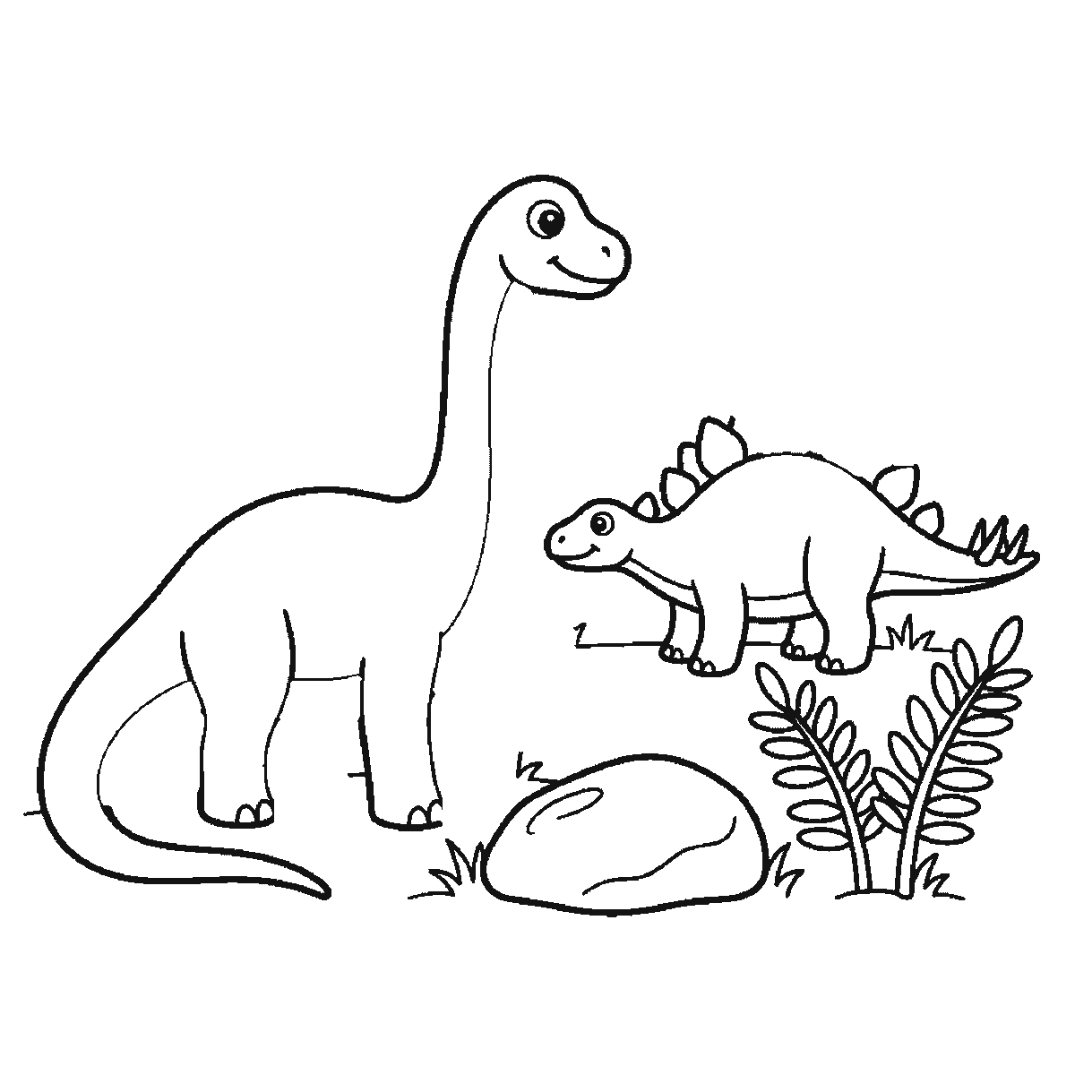 Passo 3 di 6: Passo 3 di 6: Scheda di disegno passo passo: un dinosauro dal collo lungo, in piedi di profilo con un occhio rotondo, la pupilla piena e un'espressione sorridente, accanto a un dinosauro più piccolo con la schiena a piastre, anch'esso di profilo con un occhio rotondo, insieme a una roccia arrotondata e due piante di felce, contorni neri su bianco.
