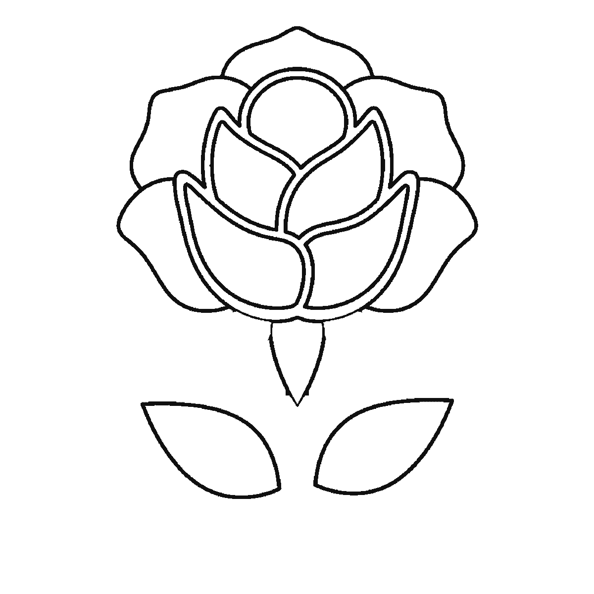 Passo 5 di 6: Passo 5 di 6: Scheda di disegno passo passo: una rosa sbocciata su uno stelo dritto, con un piccolo bocciolo centrale rotondo, i petali disposti a strati intorno ad esso, un calice sotto il fiore e due foglie appuntite alla base dello stelo, contorni neri su bianco.