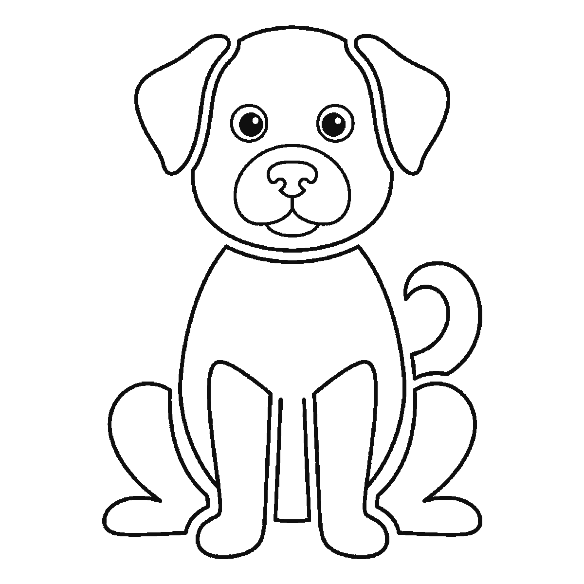 Passo 6 di 6: Passo 6 di 6: Scheda di disegno passo passo: un cane seduto, visto di fronte, con due occhi rotondi e le pupille piene, il muso arrotondato, due orecchie distinte, un corpo ovale, quattro zampe separate e una piccola coda arricciata, contorni neri su bianco.