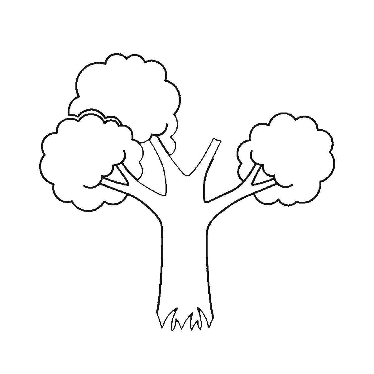 Passo 3 di 6: Passo 3 di 6: Scheda di disegno passo passo: un albero dalla chioma folta, con un tronco spesso che si dirama verso l'alto, cinque ciuffi di fogliame arrotondati, un ciuffo d'erba alla base e tre foglie cadute accanto ad esso, contorni neri su bianco.