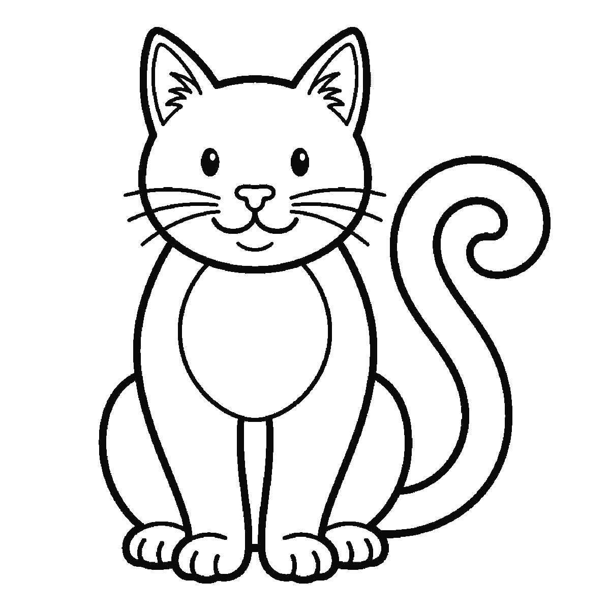Passo 6 di 6: Passo 6 di 6: Scheda di disegno passo passo: un gatto seduto, visto di fronte, con due occhi rotondi e le pupille piene, i baffi, un sorriso e una lunga coda arrotolata a spirale dietro di sé, contorni neri su bianco.