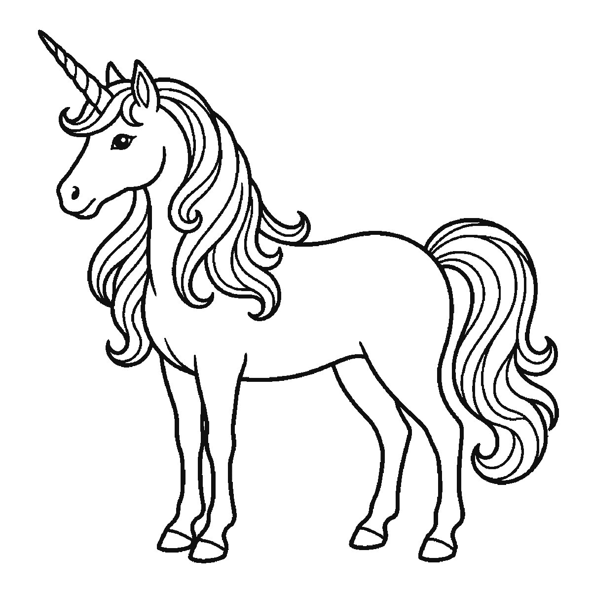 Passo 6 di 6: Passo 6 di 6: Scheda di disegno passo passo: un unicorno in piedi di profilo, con un occhio rotondo e la pupilla piena, un singolo corno a spirale, una criniera fluente e una coda fluente, contorni neri su bianco.