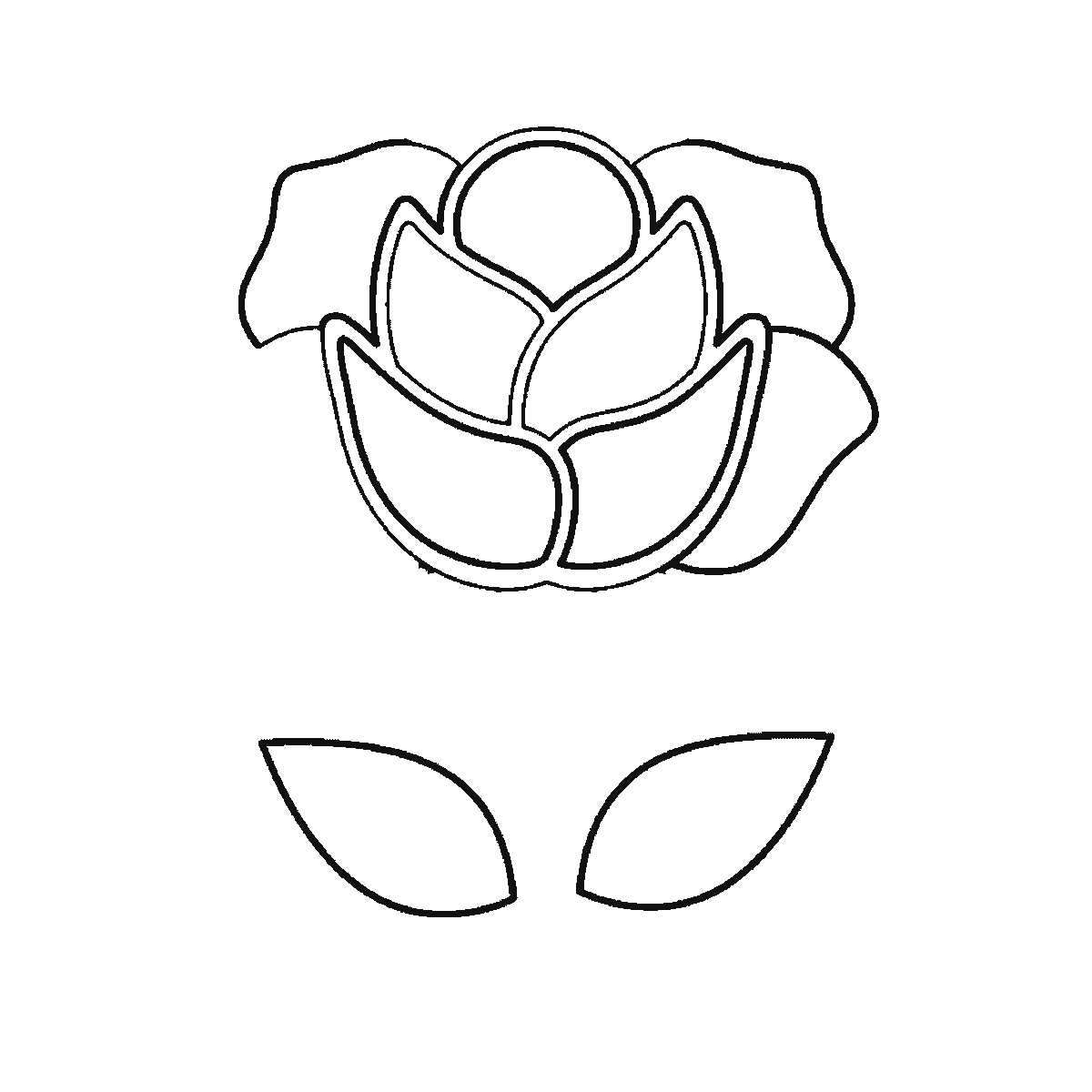 Passo 4 di 6: Passo 4 di 6: Scheda di disegno passo passo: una rosa sbocciata su uno stelo dritto, con un piccolo bocciolo centrale rotondo, i petali disposti a strati intorno ad esso, un calice sotto il fiore e due foglie appuntite alla base dello stelo, contorni neri su bianco.