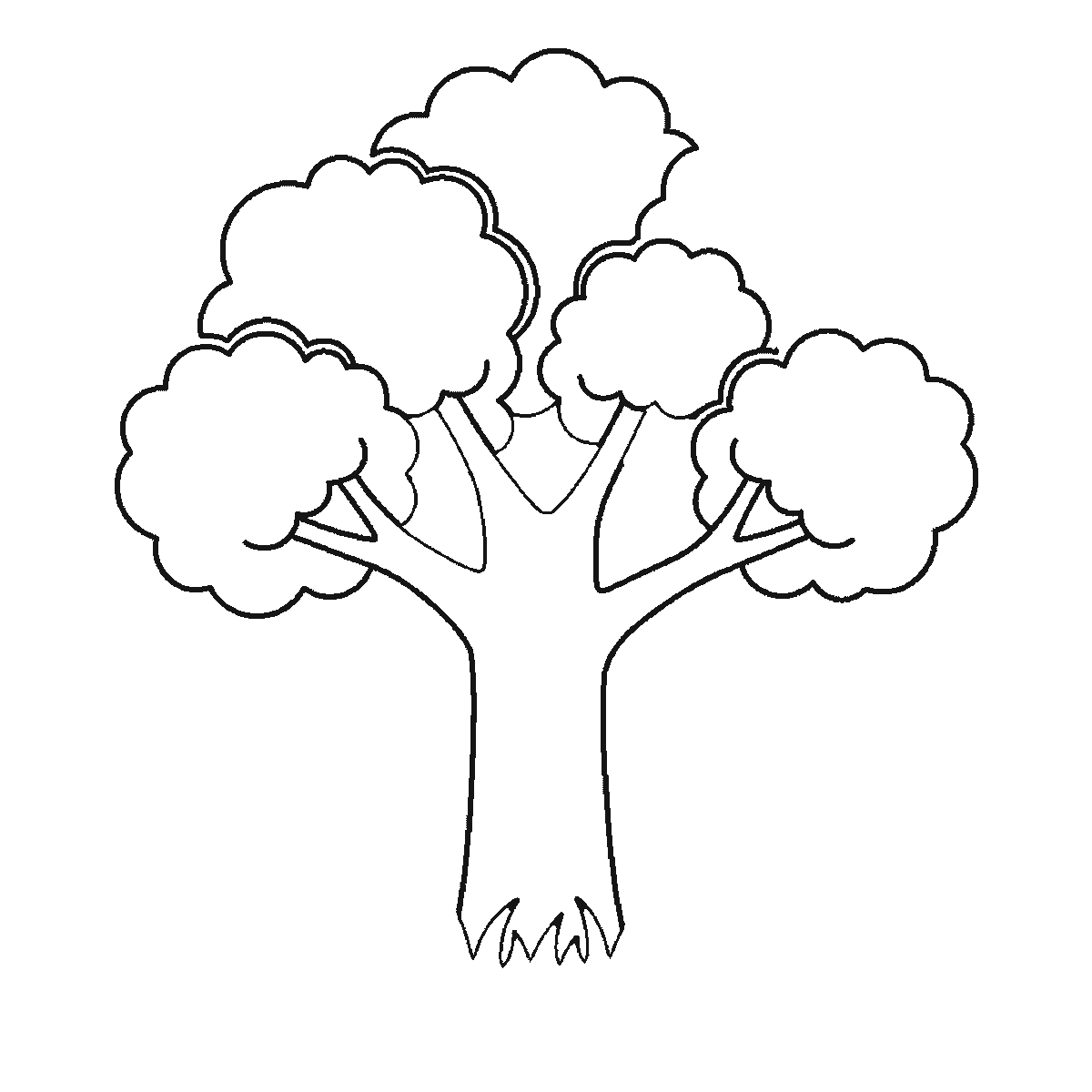 Passo 4 di 6: Passo 4 di 6: Scheda di disegno passo passo: un albero dalla chioma folta, con un tronco spesso che si dirama verso l'alto, cinque ciuffi di fogliame arrotondati, un ciuffo d'erba alla base e tre foglie cadute accanto ad esso, contorni neri su bianco.