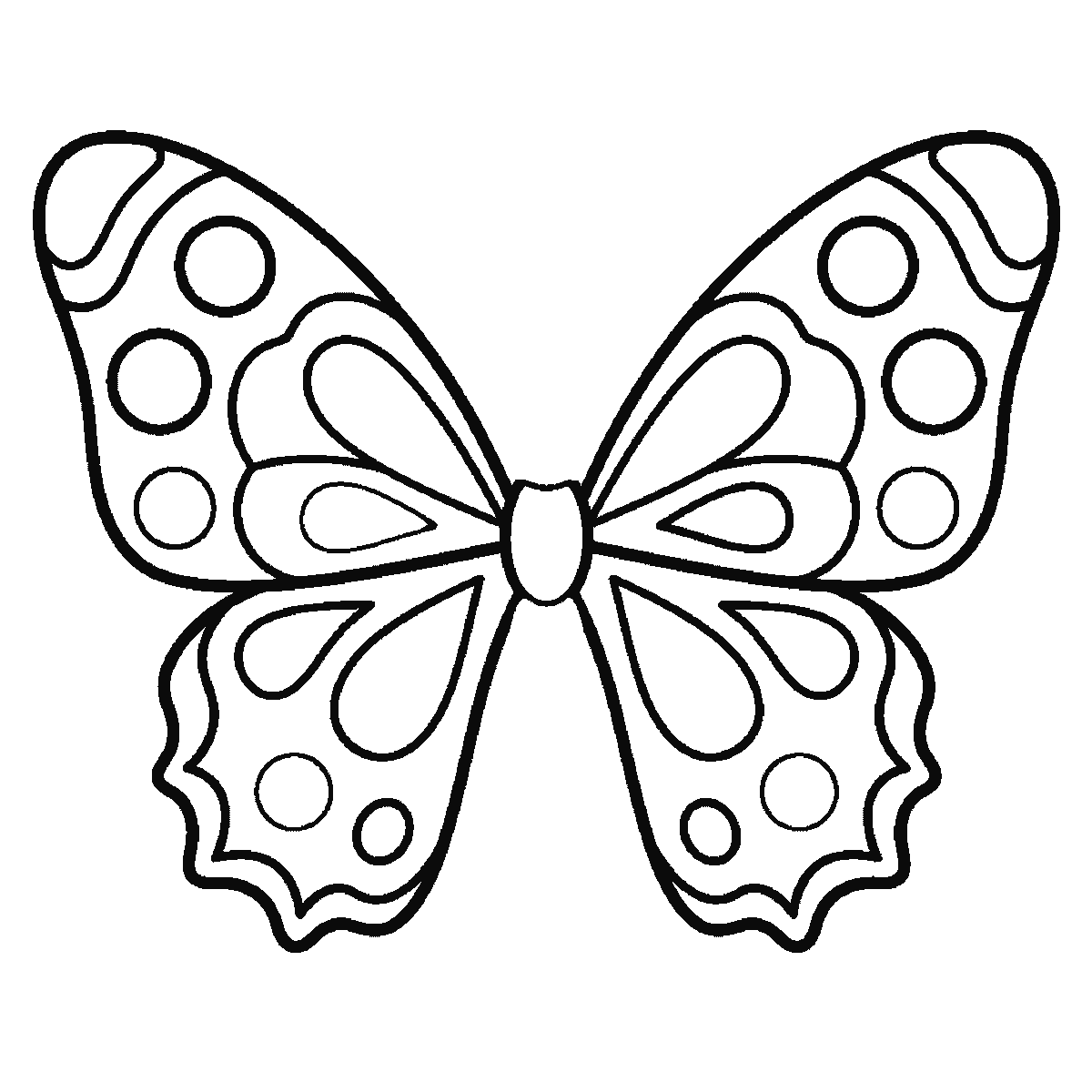 Passo 5 di 6: Passo 5 di 6: Scheda di disegno passo passo: una farfalla vista dall'alto con le ali simmetriche completamente aperte, decorate con cerchi e forme semplici, una testa a piccolo pallino tondo priva di occhi o bocca, e due antenne, contorni neri su bianco.