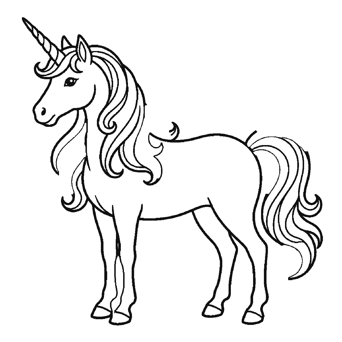 Passo 5 di 6: Passo 5 di 6: Scheda di disegno passo passo: un unicorno in piedi di profilo, con un occhio rotondo e la pupilla piena, un singolo corno a spirale, una criniera fluente e una coda fluente, contorni neri su bianco.