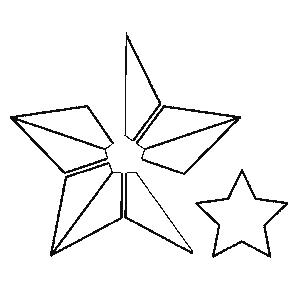 Passo 4 di 6: Passo 4 di 6: Scheda di disegno passo passo: una grande stella a cinque punte con la superficie divisa in cinque pannelli triangolari attorno a un piccolo pentagono centrale, accompagnata da quattro stelle più piccole di dimensioni diverse, contorni neri su bianco.